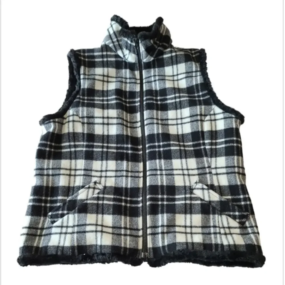 Woolrich Black & White Moccasin Plaid Wool Blend Vest Cozy Layering Piece Size L - Picture 4 of 12